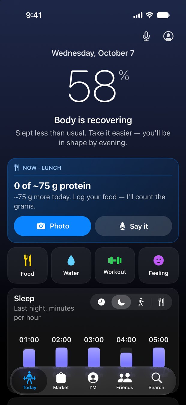 The NomaSports Today screen: readiness, what to do now, buttons for food, water, workout and how you feel, sleep by the hour.